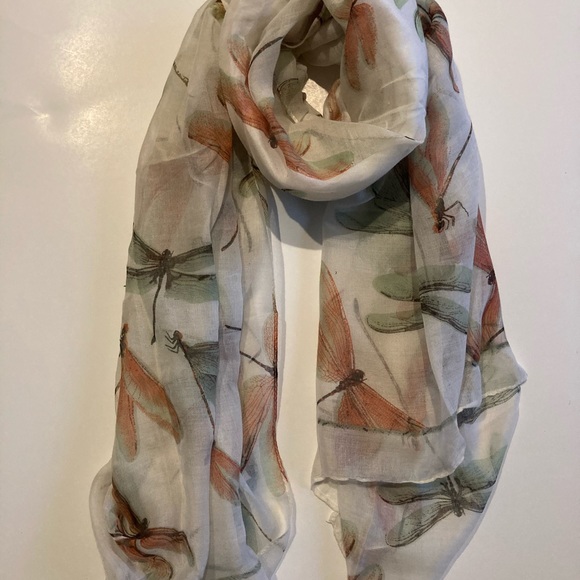 🛍 Magical Dragonfly Print Long Scarf, White/Multicolor - Picture 3 of 3